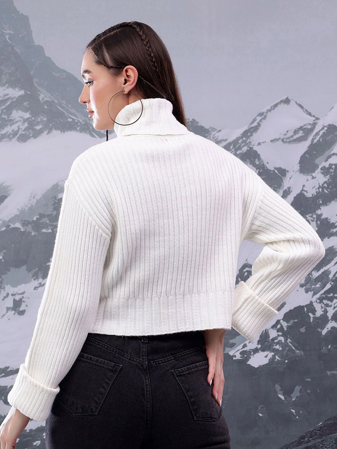 Kotty Women High Neck Striped Crop Pullover