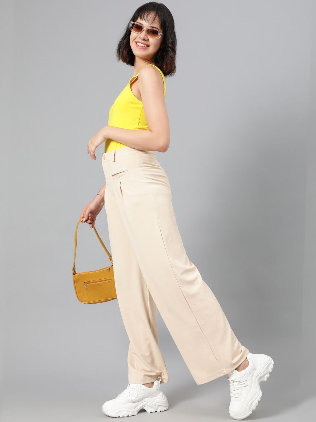 Kotty Women Beige High-Rise Relaxed Straight Leg Straight Fit Easy Wash Trousers