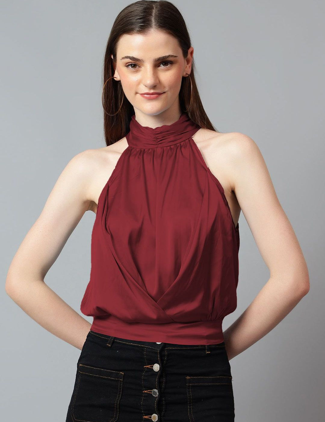Kotty Women Solid Halter Neck Satin Top