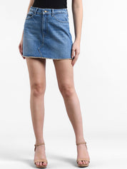 Kotty Women Blue Solid Denim A-Line Mini Skirt