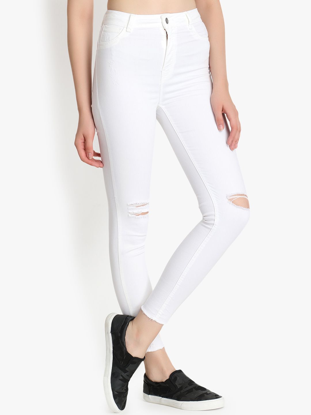 Kotty Women White Skinny Fit High-Rise Slash Knee Stretchable Jeans