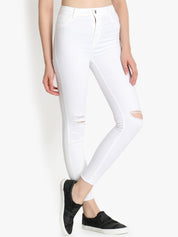 Kotty Women White Skinny Fit High-Rise Slash Knee Stretchable Jeans