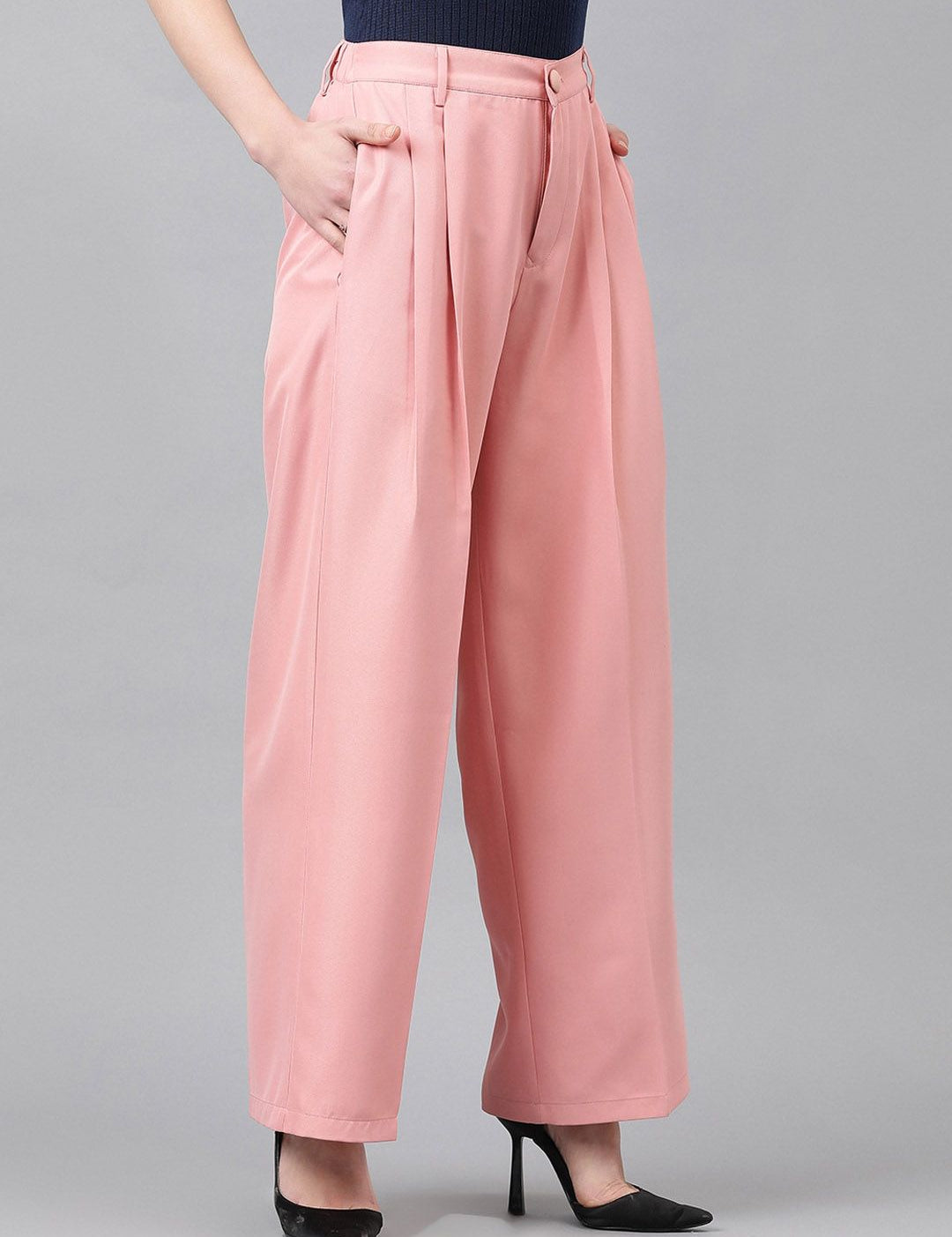 KOTTY BIZwear Basics Women Straight Fit High-Rise Easy Wash Pleated Parallel Trousers