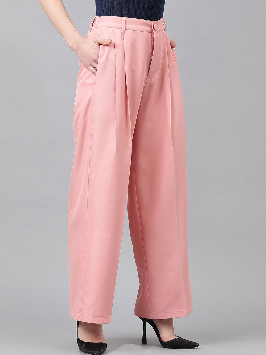 KOTTY BIZwear Basics Women Straight Fit High-Rise Easy Wash Pleated Parallel Trousers