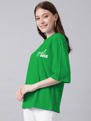 Kotty Typography Printed Round Neck Drop-Shoulder Sleeves Oversized T-shirt