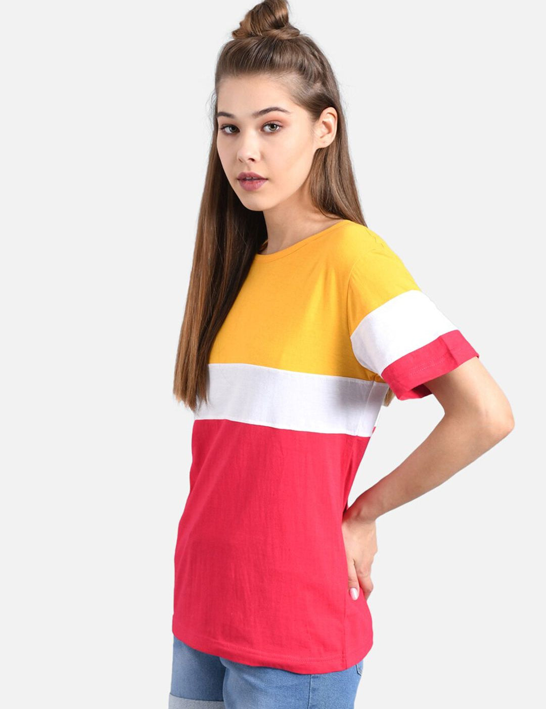 Kotty Women Yellow Colourblocked Round Neck T-shirt