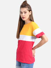 Kotty Women Yellow Colourblocked Round Neck T-shirt