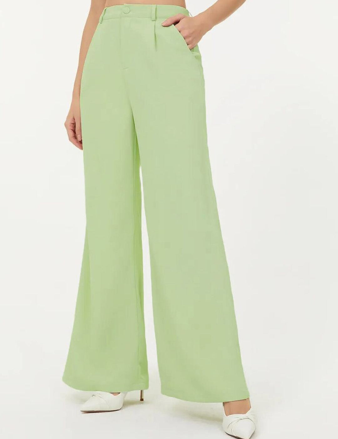 KOTTY BIZwear Women Solid Green Shirt Collar Blazer & Flared Trouser Co-Ords