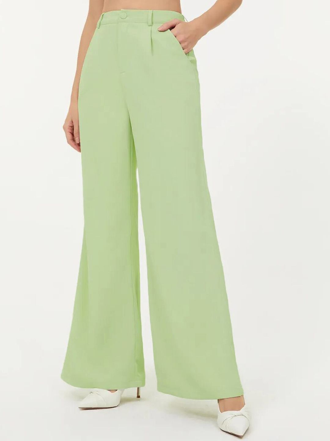 KOTTY BIZwear Women Solid Green Shirt Collar Blazer & Flared Trouser Co-Ords