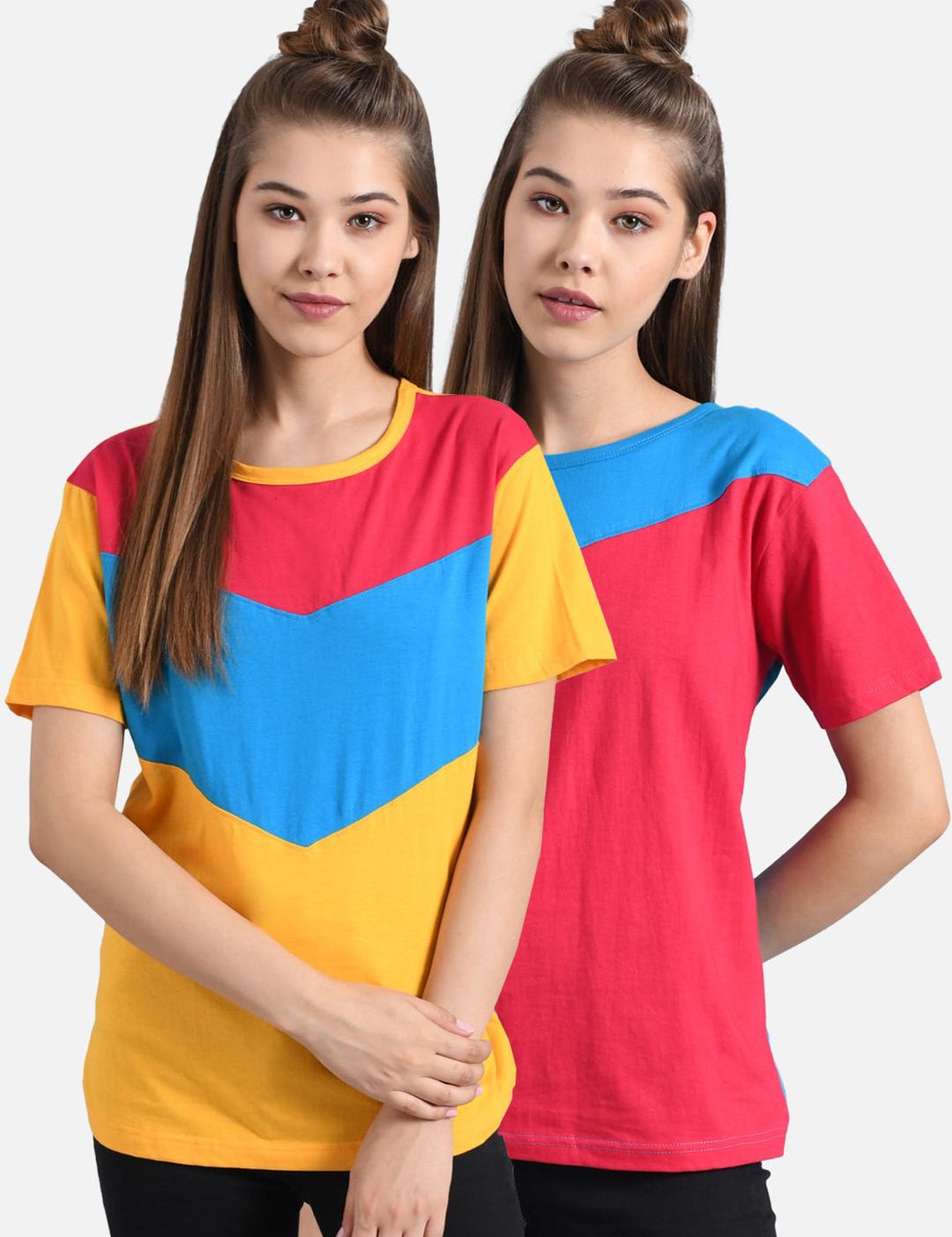 Kotty Women Yellow Colourblocked Round Neck T-shirt