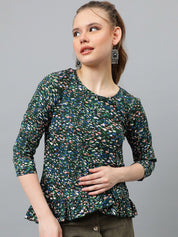 Kotty Green & White Abstract Print Crepe Top