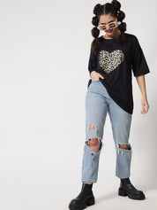 Kotty Women Black Typography Printed Oversized T-shirt