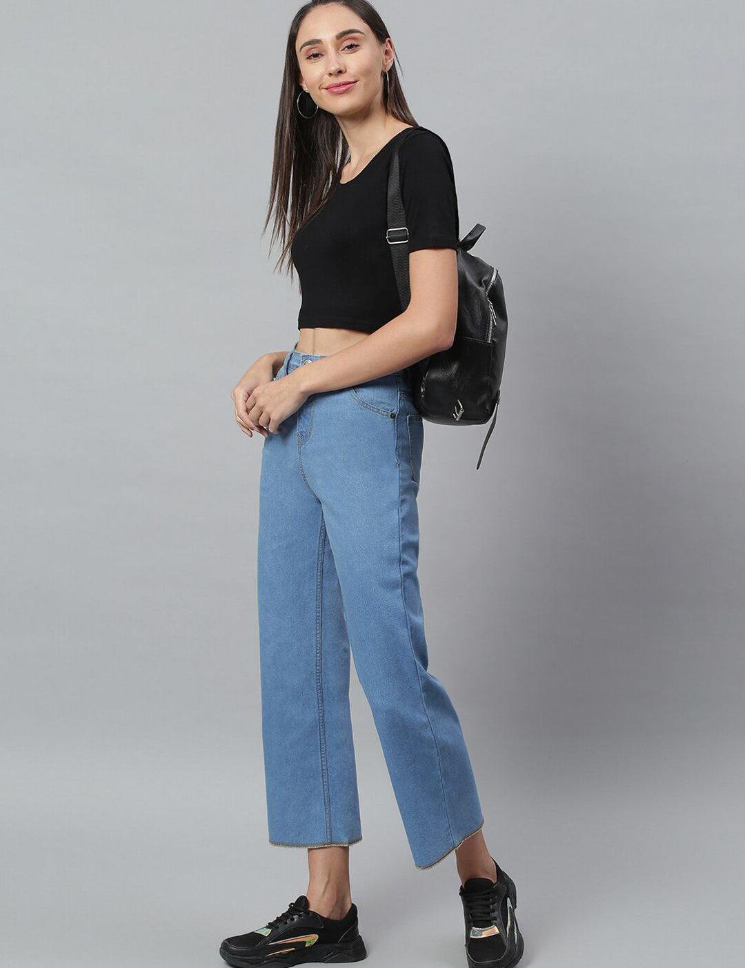 Kotty Women Blue Solid Cotton High Rise Crop Flared Jeans