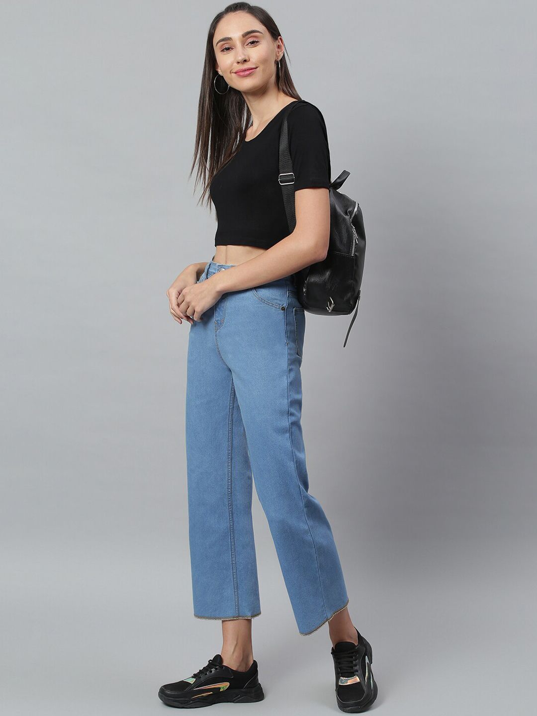 Kotty Women Blue Solid Cotton High Rise Crop Flared Jeans