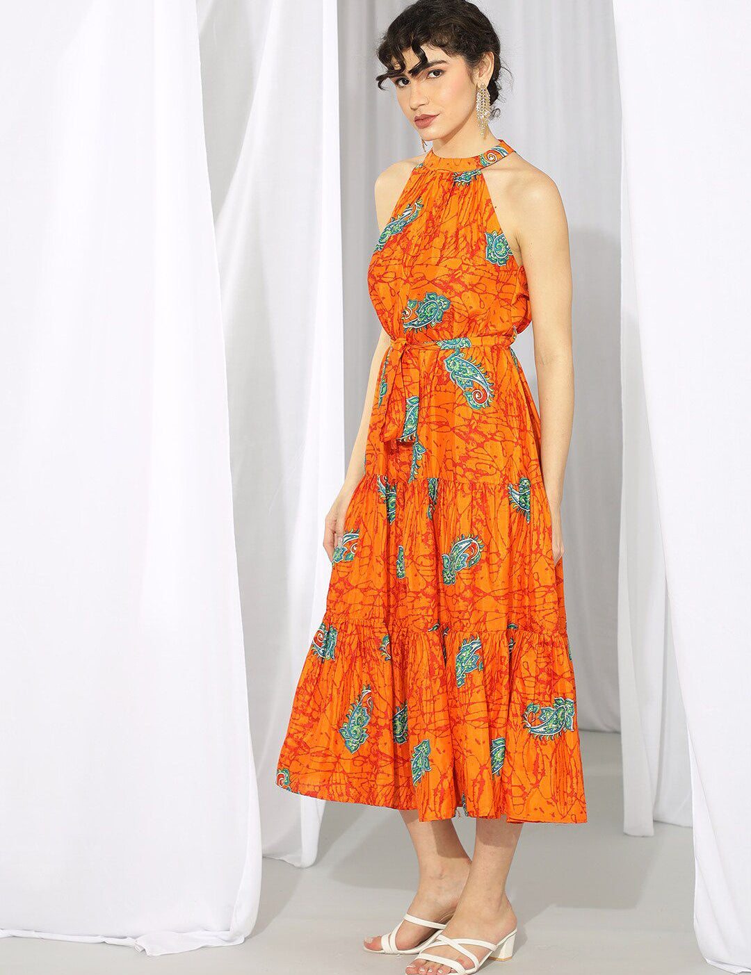 Kotty Orange Ethnic Motif Printed Tiered Fit & Flare Midi Dress