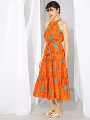 Kotty Orange Ethnic Motif Printed Tiered Fit & Flare Midi Dress