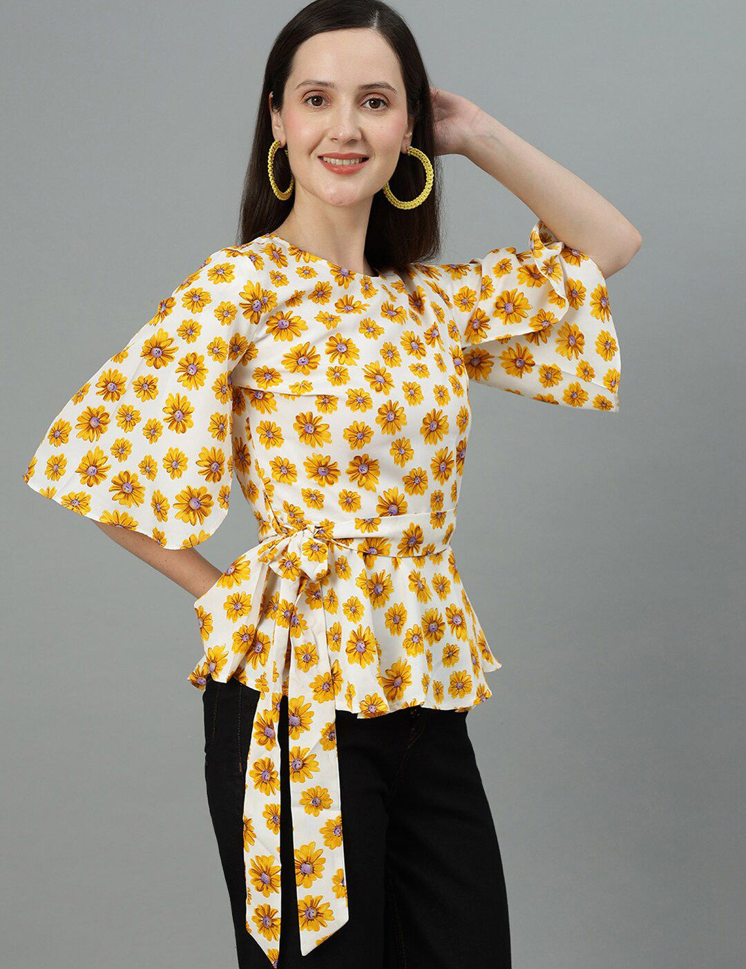 Kotty Floral Print Crepe Waist Tie-Up Top