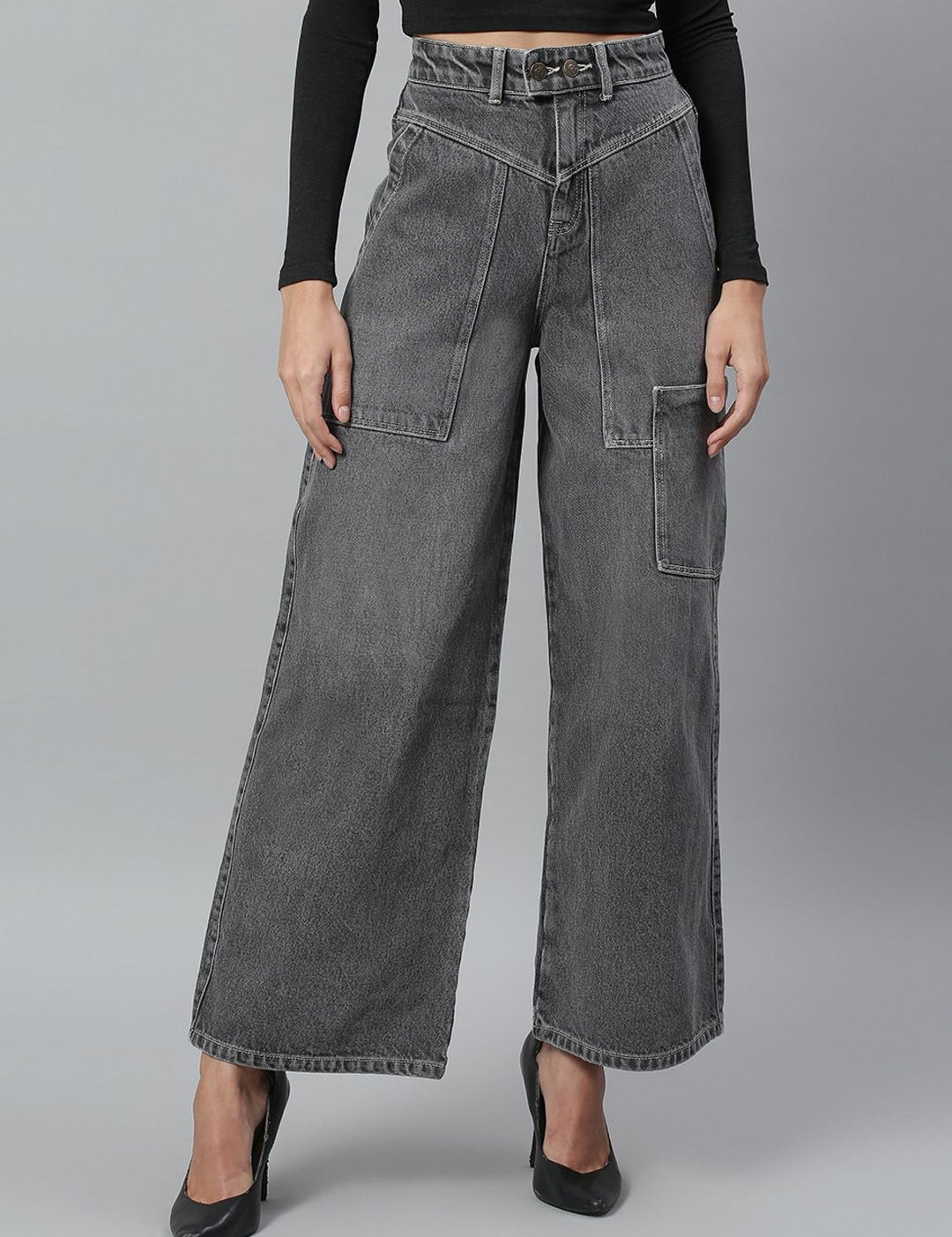 Kotty Women Grey Flared High-Rise Light Fade Stretchable Jeans