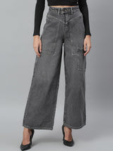 Kotty Women Grey Flared High-Rise Light Fade Stretchable Jeans