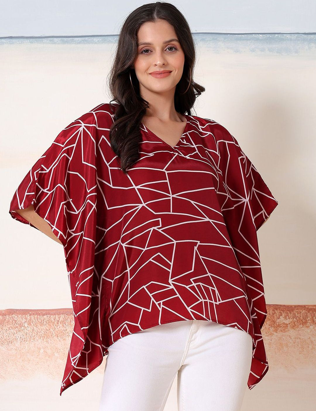 Kotty Women Abstract Print Kimono Sleeve Satin Kaftan Top