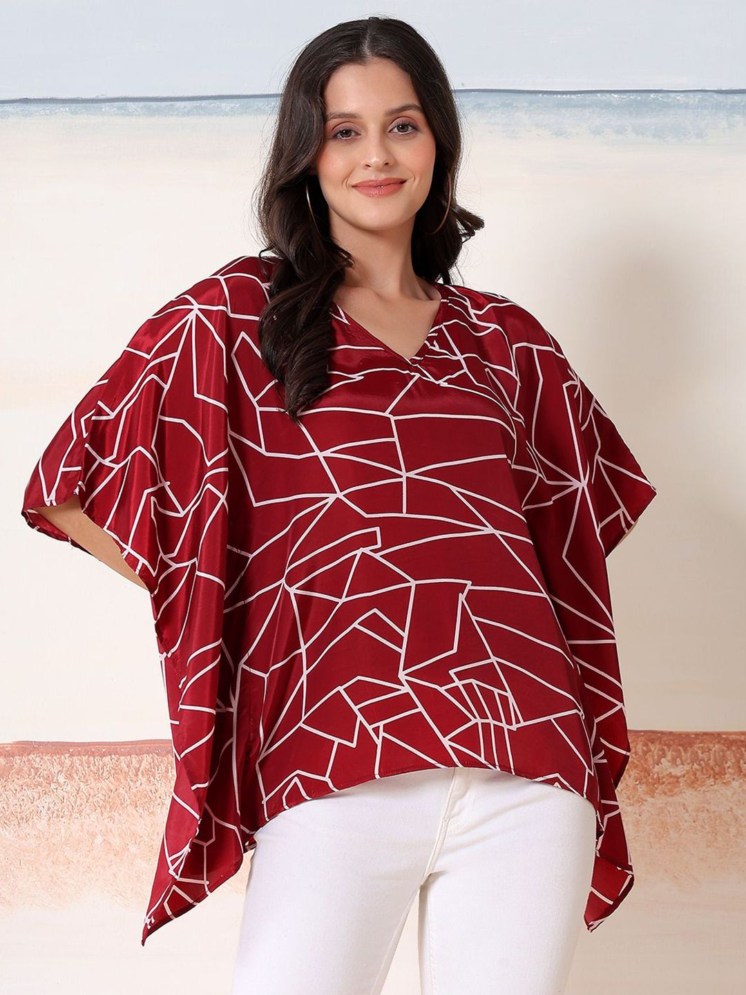 Kotty Women Abstract Print Kimono Sleeve Satin Kaftan Top