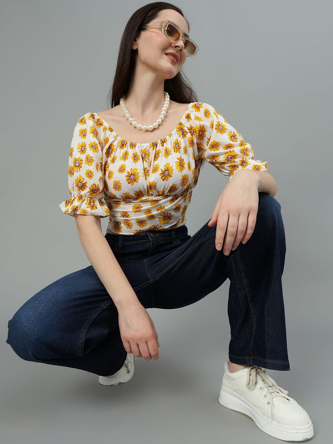 Kotty Women Floral Printed Puff Sleeve Crop Top