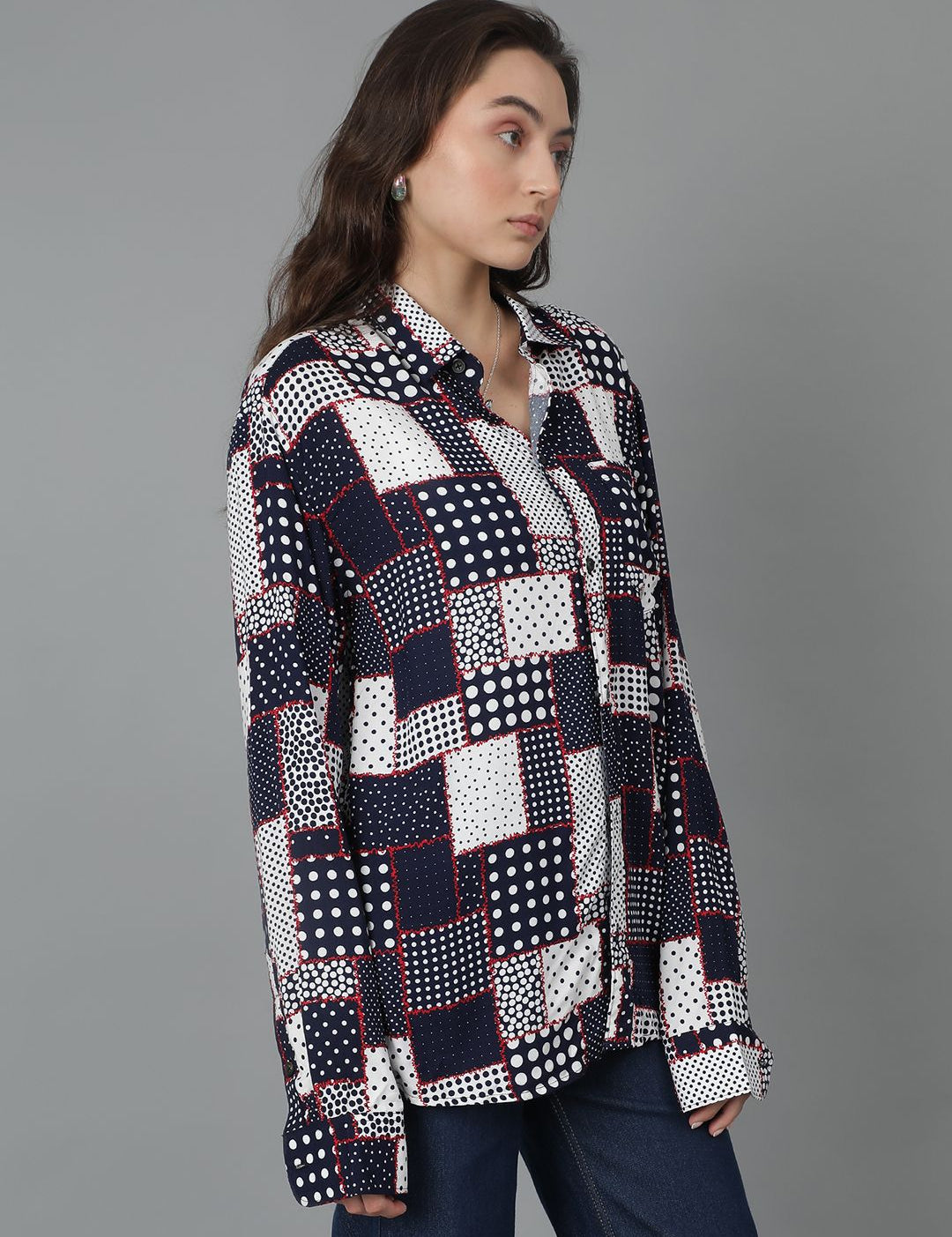 Kotty Women Spread Collar Abstract Printed Cotton Oversized Casual Shirt