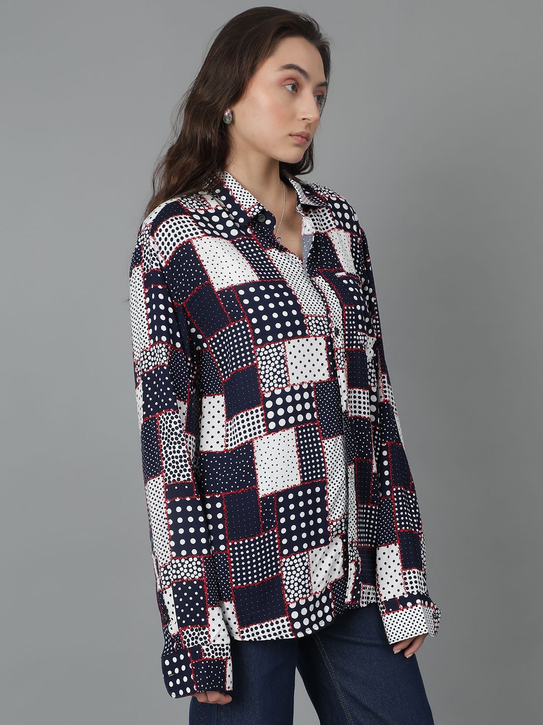 Kotty Women Spread Collar Abstract Printed Cotton Oversized Casual Shirt