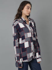 Kotty Women Spread Collar Abstract Printed Cotton Oversized Casual Shirt