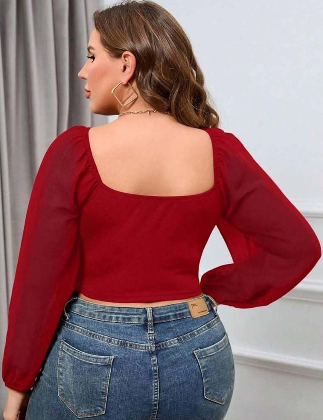 KOTTY Women Plus Size Puff Sleeves Fitted Crop Top With Ruched Details