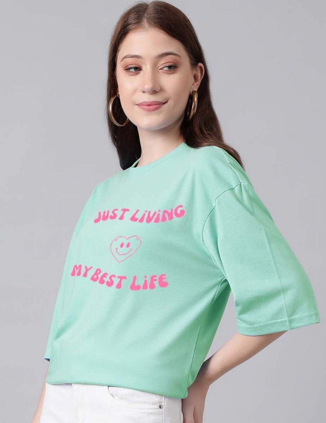 Kotty Cotton Typography Printed Drop-Shoulder Sleeves Oversized T-shirt