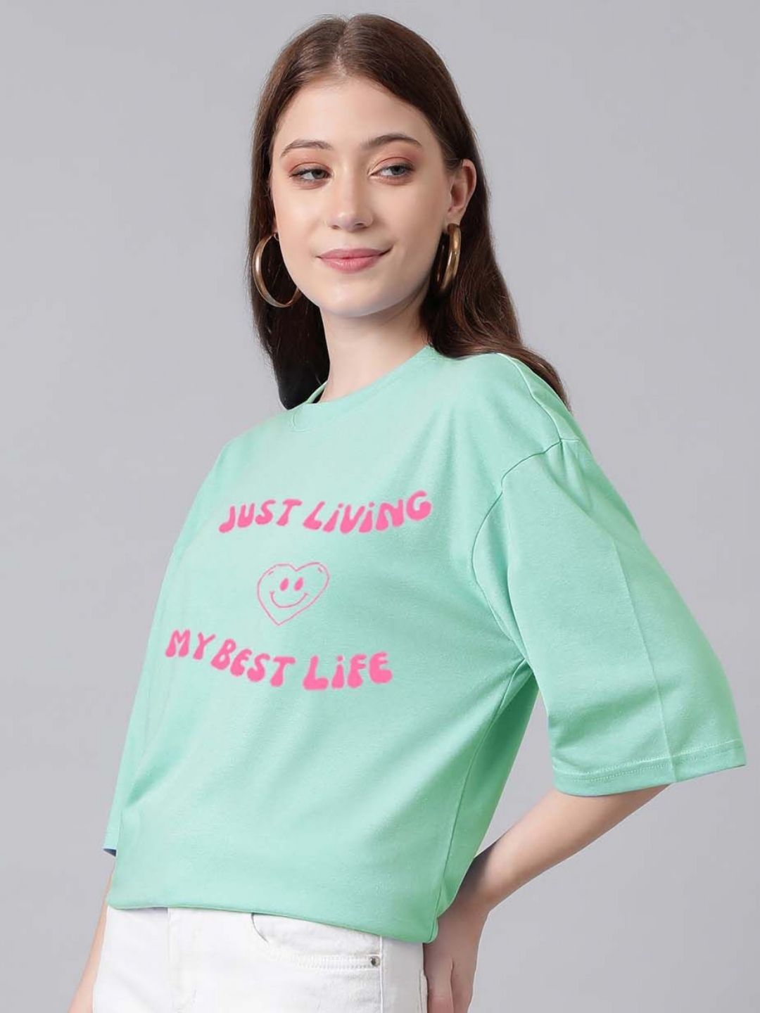 Kotty Cotton Typography Printed Drop-Shoulder Sleeves Oversized T-shirt