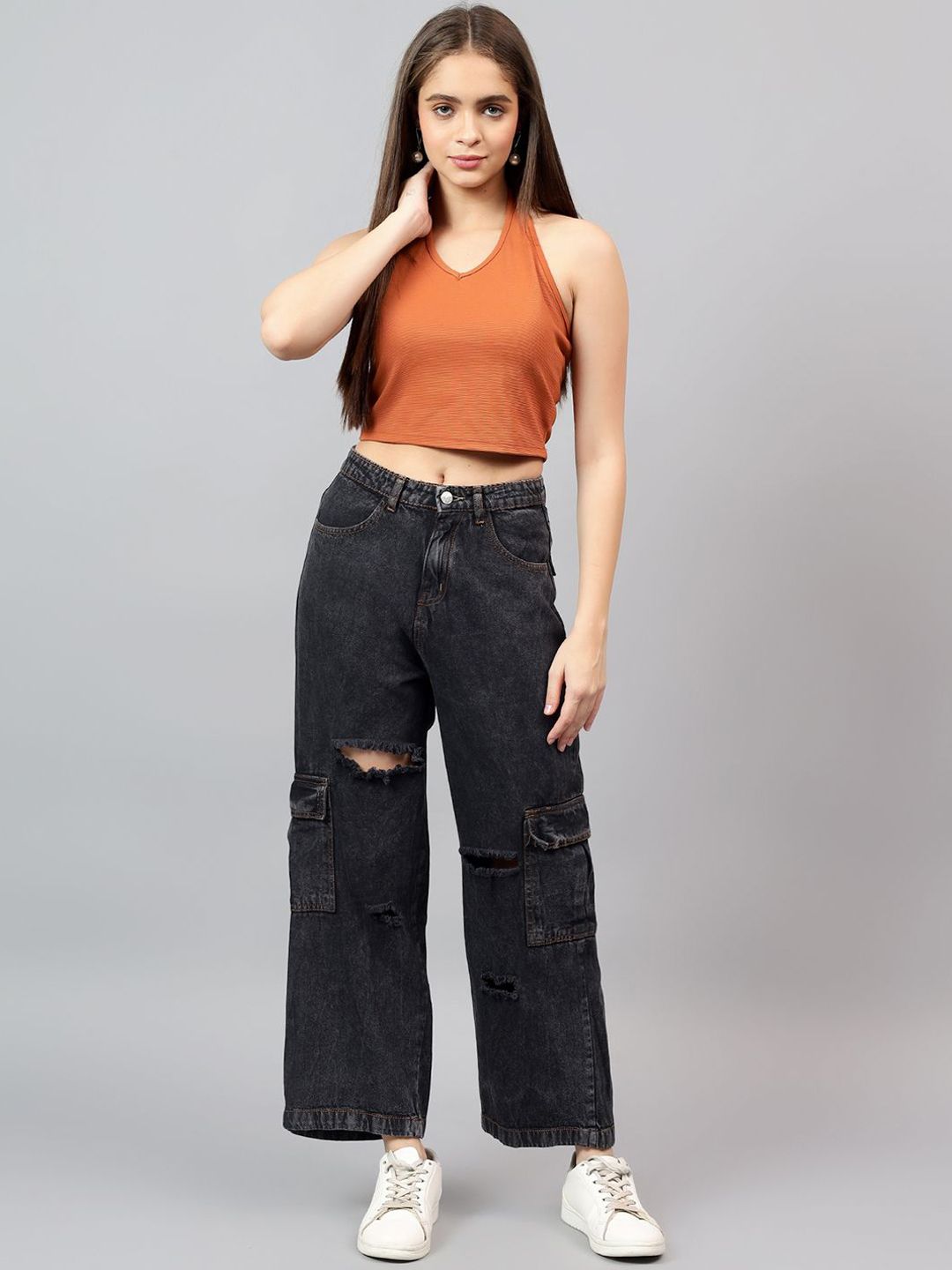 Kotty Women Straight Fit High-Rise Low Distress Stretchable Cargo Jeans