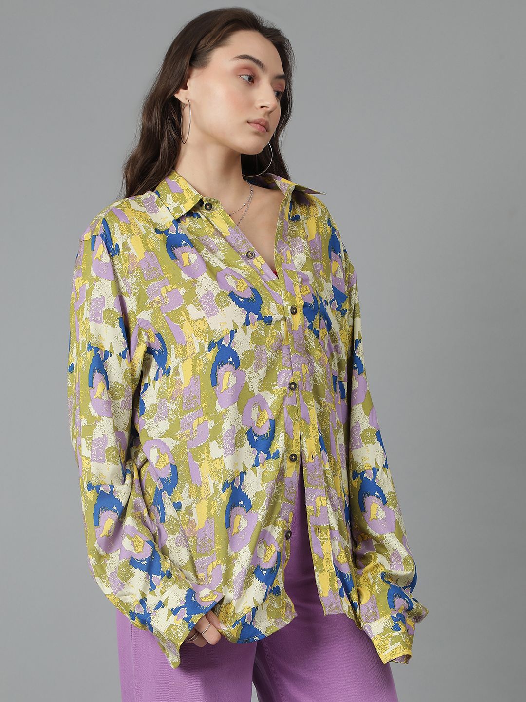 Kotty Women Spread Collar Abstract Printed Cotton Oversized Casual Shirt