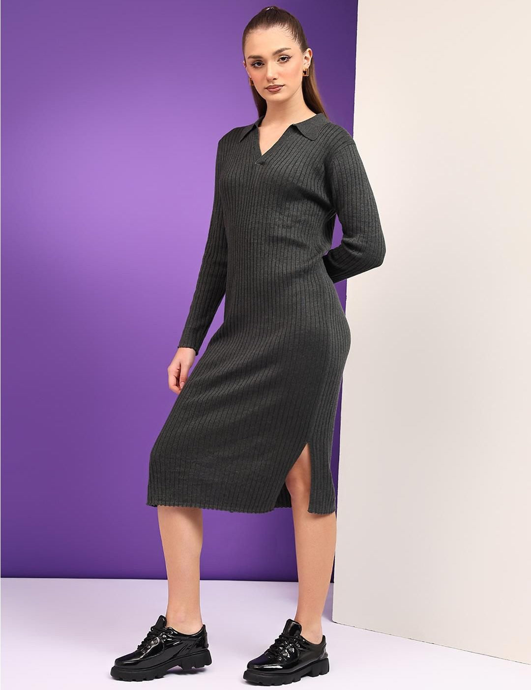 Kotty Women Shirt Collar Cotton Midi Jumper Dress