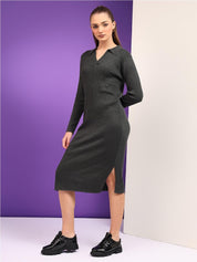 Kotty Women Shirt Collar Cotton Midi Jumper Dress
