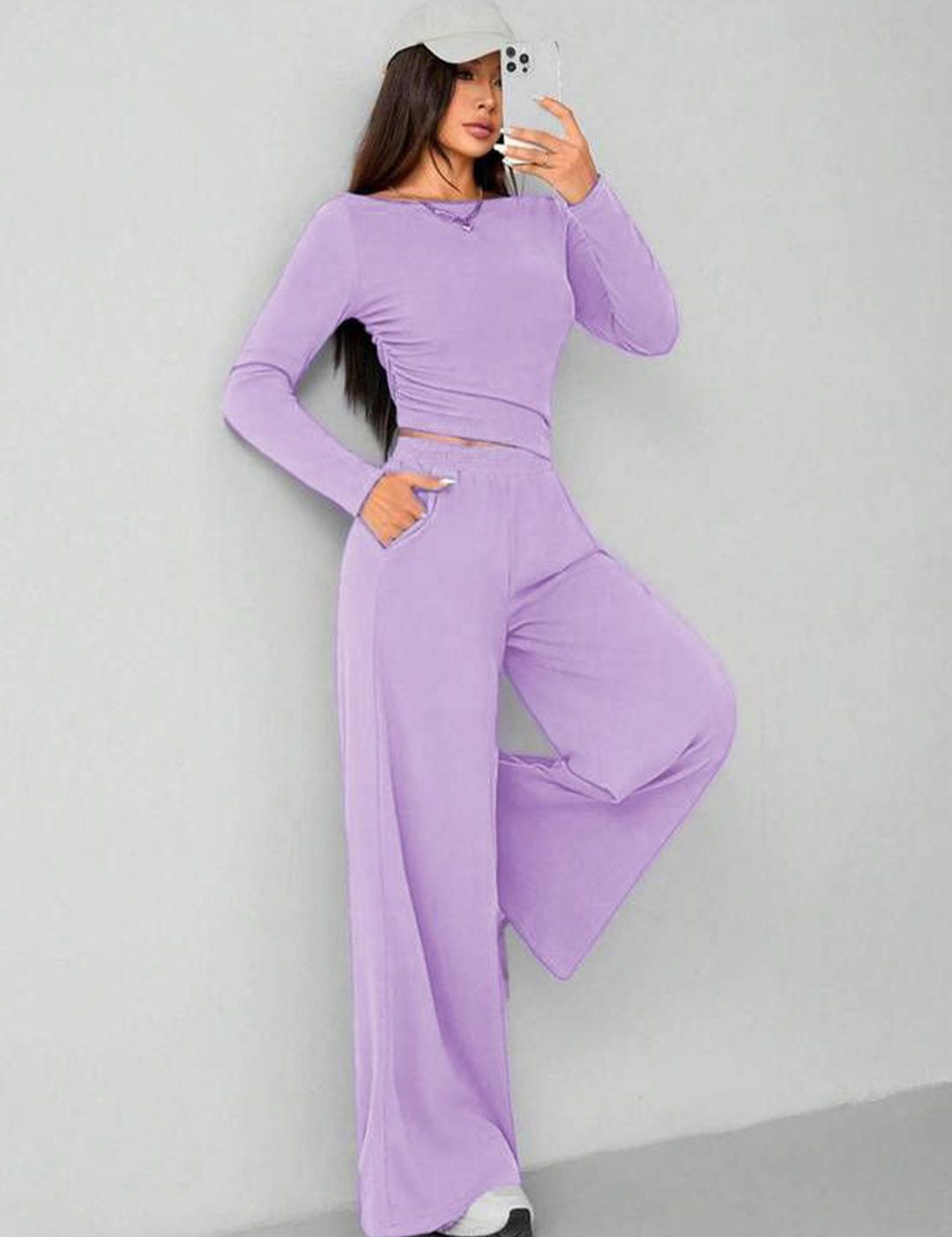 Kotty Round Long Sleeve Crop Top With Wide-Leg Trousers Co-Ords