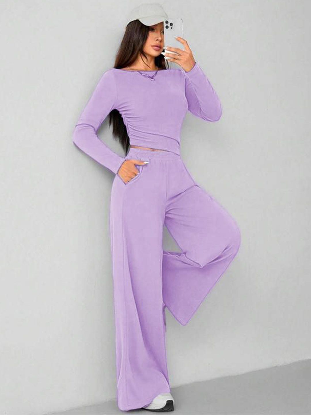 Kotty Round Long Sleeve Crop Top With Wide-Leg Trousers Co-Ords