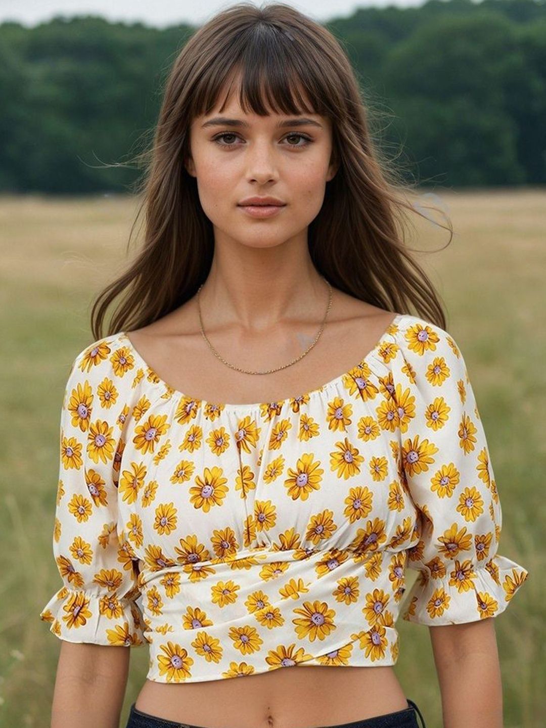 Kotty Women Floral Printed Puff Sleeve Crop Top