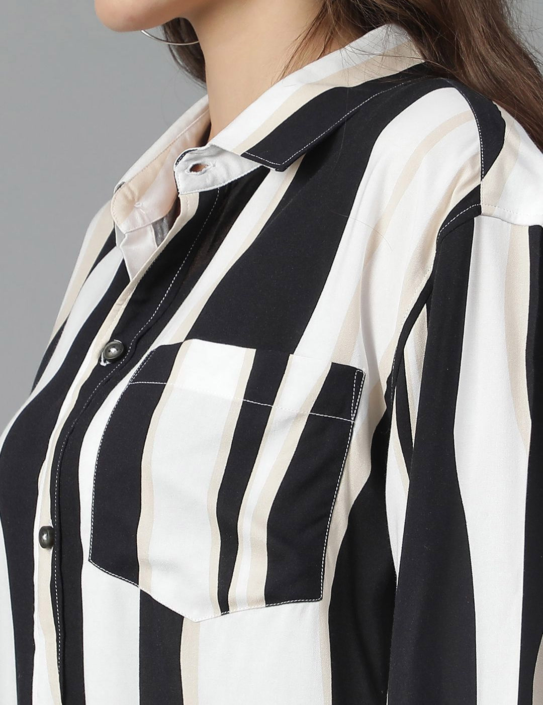 Kotty Women Spread Collar Striped Cotton Oversized Casual Shirt
