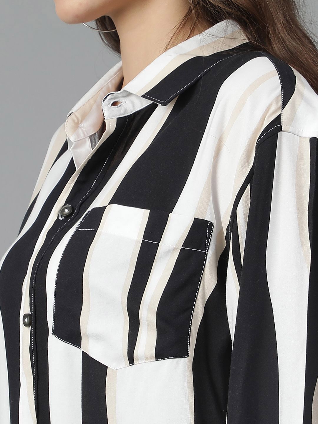 Kotty Women Spread Collar Striped Cotton Oversized Casual Shirt