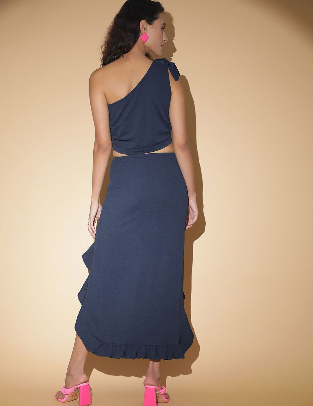 Kotty Navy Blue One Shoulder Top With Skirt  