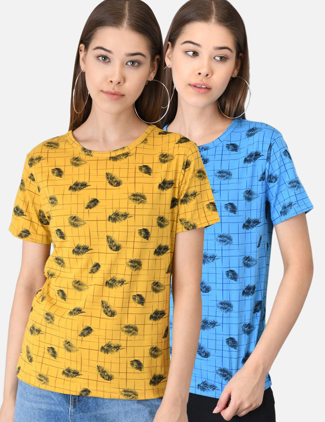 Kotty Women Pack of 2 Yellow & Blue Printed Round Neck T-shirts