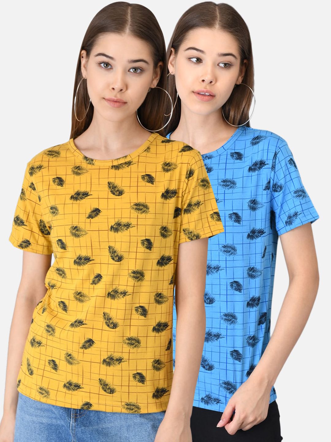 Kotty Women Pack of 2 Yellow & Blue Printed Round Neck T-shirts