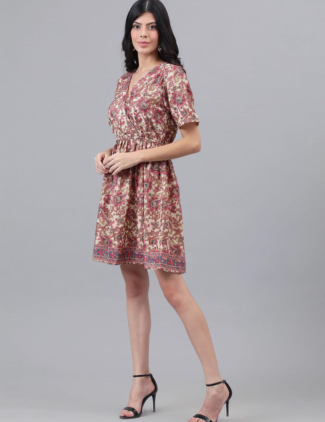 Kotty Brown & Cream Ethnic Motifs Printed Dress