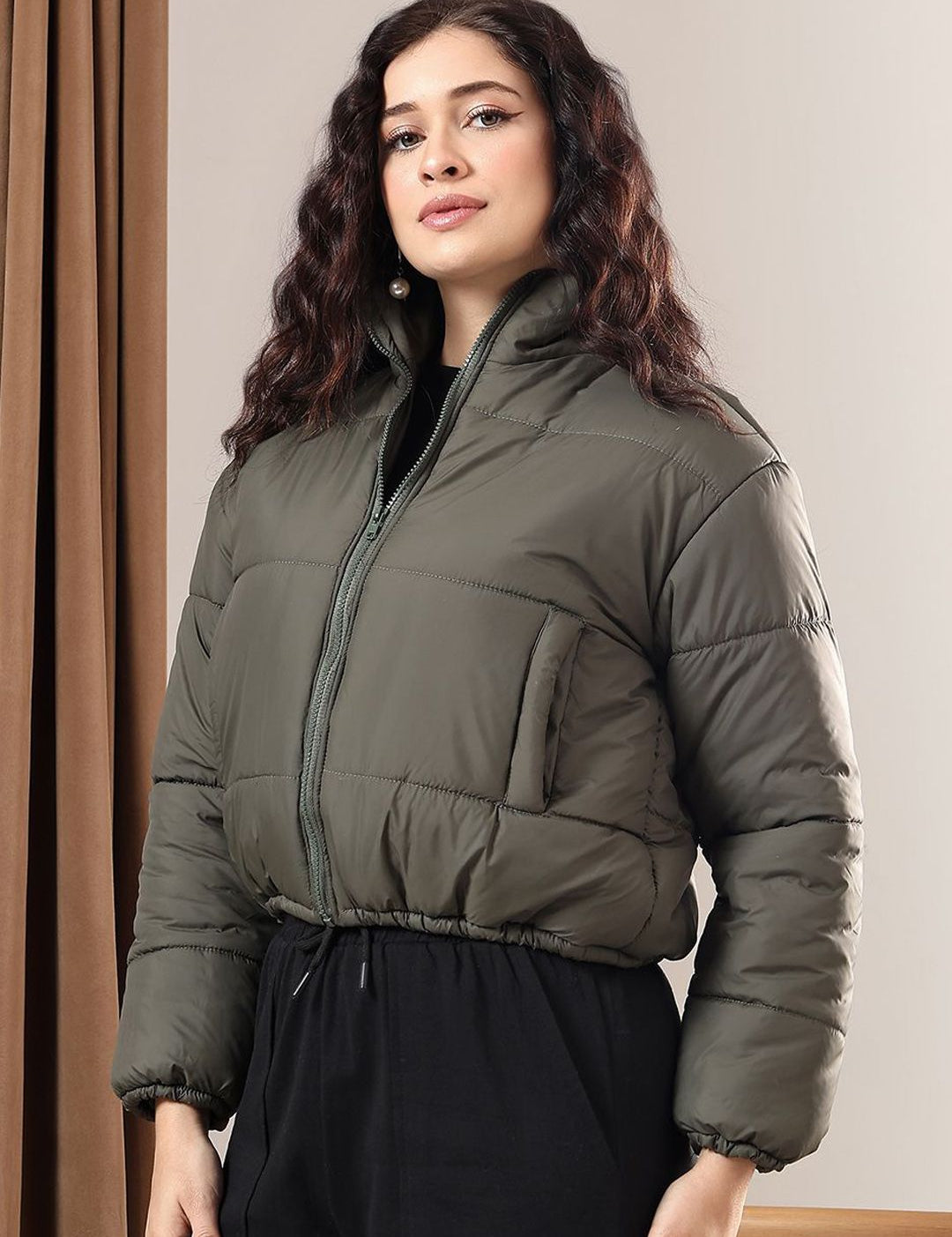 Kotty Women Mock Collar Solid Casual Puffer Insulator Jacket