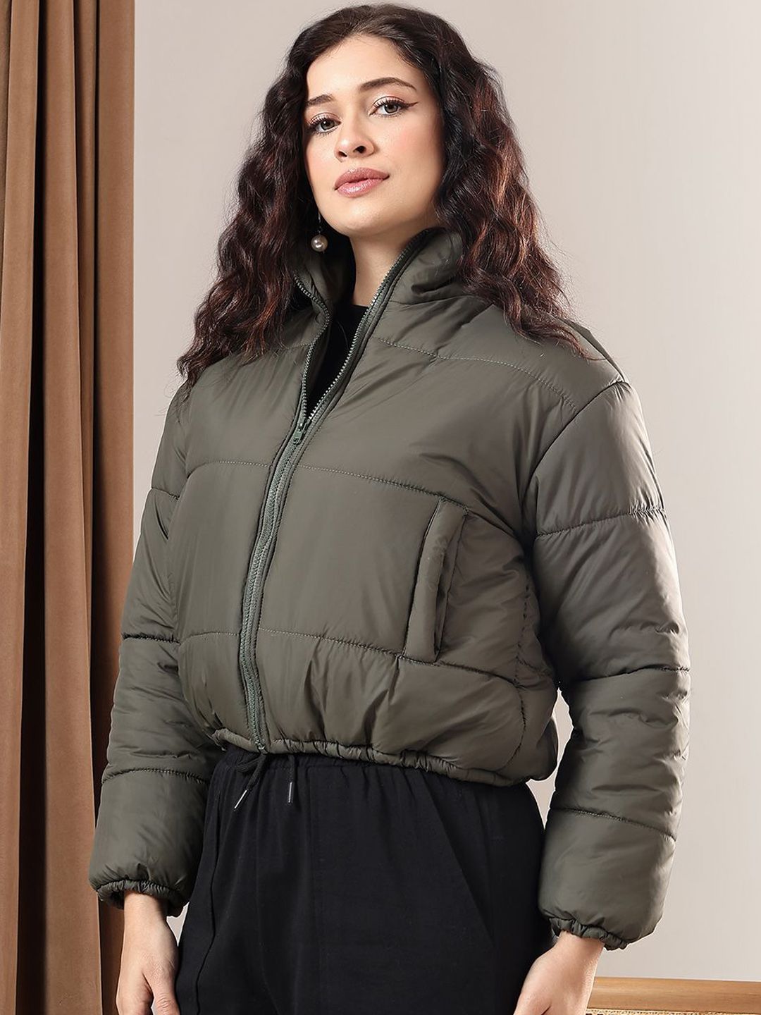 Kotty Women Mock Collar Solid Casual Puffer Insulator Jacket