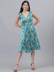 Kotty Sea Green And Blue Floral Printed V-Neck Fit & Flare Midi Dress