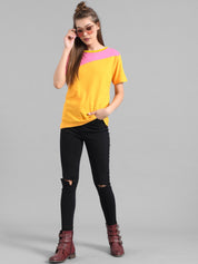 Kotty Women Yellow & Pink Colourblocked T-shirt