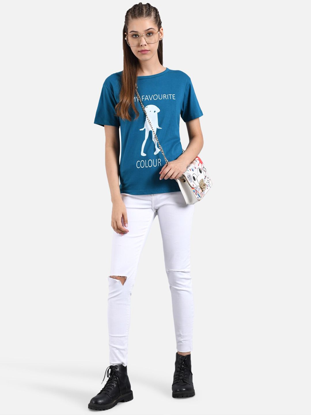 Kotty Women Blue Printed Round Neck T-shirt